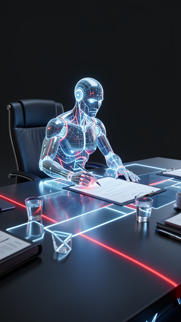 Entidad de IA en la cabecera de una mesa de directorio hecha de luz
