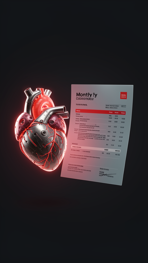 Corazón artificial junto a una factura mensual de suscripción