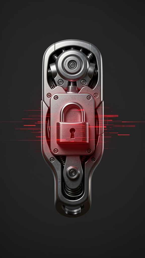 Implante biomédico con candado digital y una falla de seguridad en rojo